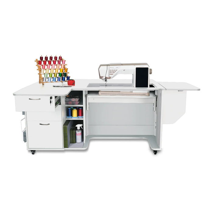 Kangaroo Sydney Lite XL Sewing Cabinet in white finish with sewing machine, quilt leaf extension, thread storage, and organized crafting shelves.