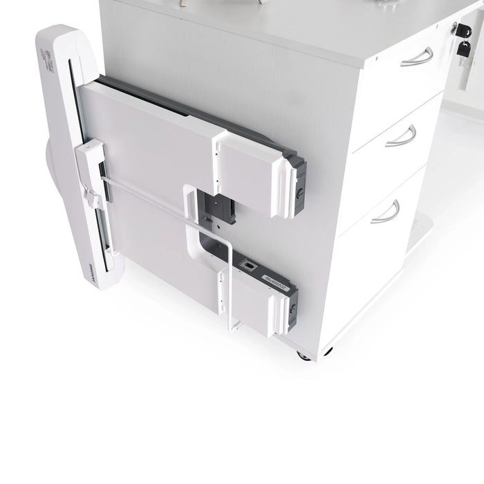 Side-mounted embroidery arm storage on Kangaroo Sydney Lite XL Sewing Cabinet in white with easy-access foldable attachment rack.
