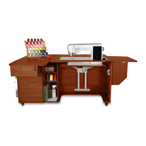 Kangaroo Sydney Lite Dual Rail Electric Sewing Cabinet in teak finish with expanded workspace, quilting leaf, and built-in electric lift holding sewing machine.