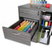 Gray Sydney Lite sewing cabinet open drawer filled with organized colorful embroidery thread spools and additional craft storage shelves.