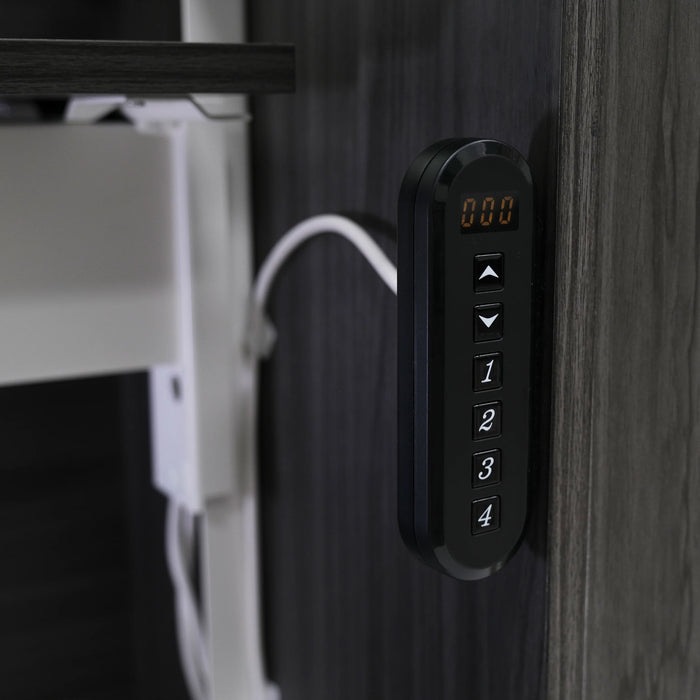 Programmable electric lift control panel on gray Sydney Lite sewing cabinet displaying adjustable sewing machine height settings.