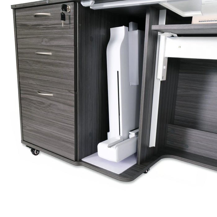 Interior storage compartment of gray Sydney Lite sewing cabinet designed to hold embroidery unit or machine accessories securely.