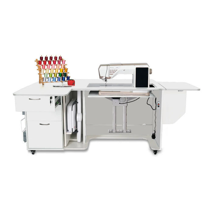 Kangaroo Sydney Lite Dual Rail Electric Sewing Cabinet in white finish with extended quilt leaf, storage drawers, and electric lift holding sewing machine.