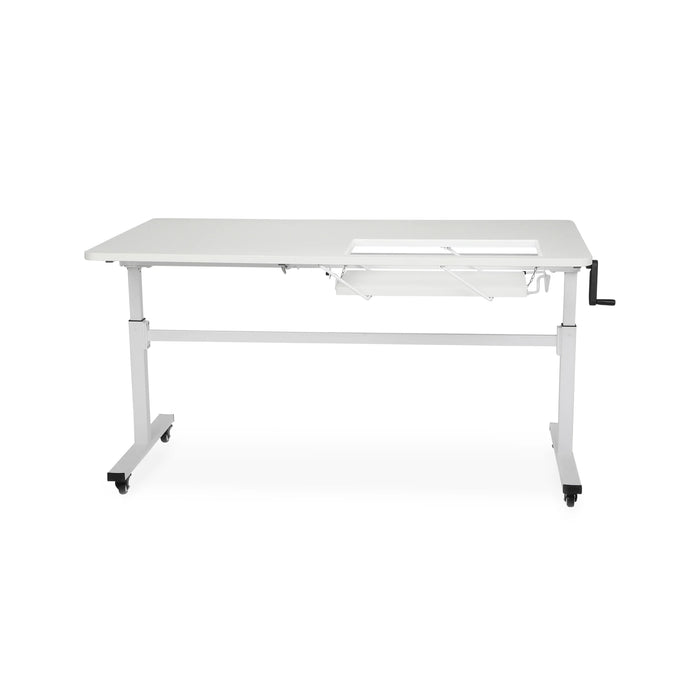 Kangaroo Tasmanian SP Cutting Table and Workstation in White K911 shown with lift opening, height-adjustable sewing table for crafting and quilting