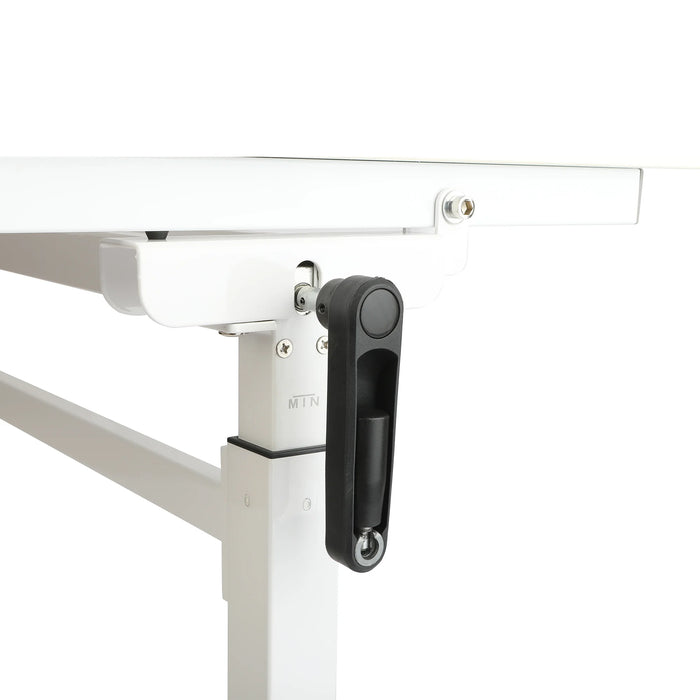 Close-up of height-adjustment mechanism on Kangaroo Tasmanian SP Cutting Table, white craft workstation with manual crank system