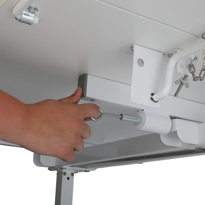 Underside view of Kangaroo Tasmanian SP Cutting Table showing sewing lift adjustment mechanism and support hardware