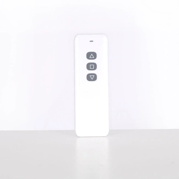 Remote control for the Kangaroo & Joey XLE Electric Sewing Cabinet lift system with up, down, and stop buttons.