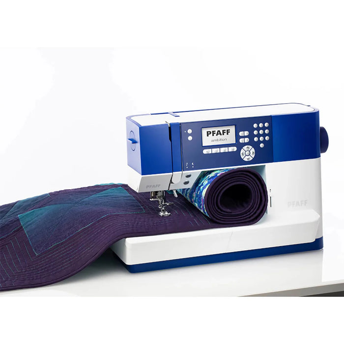 PFAFF sewing machine with purple fabric on a white background