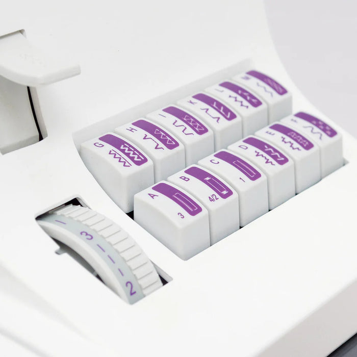 White pill organizer with purple labels on a white background