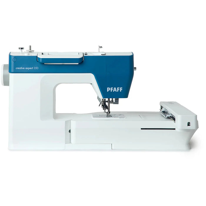 Side profile of Pfaff Creative Expect 350 sewing machine with embroidery attachment installed