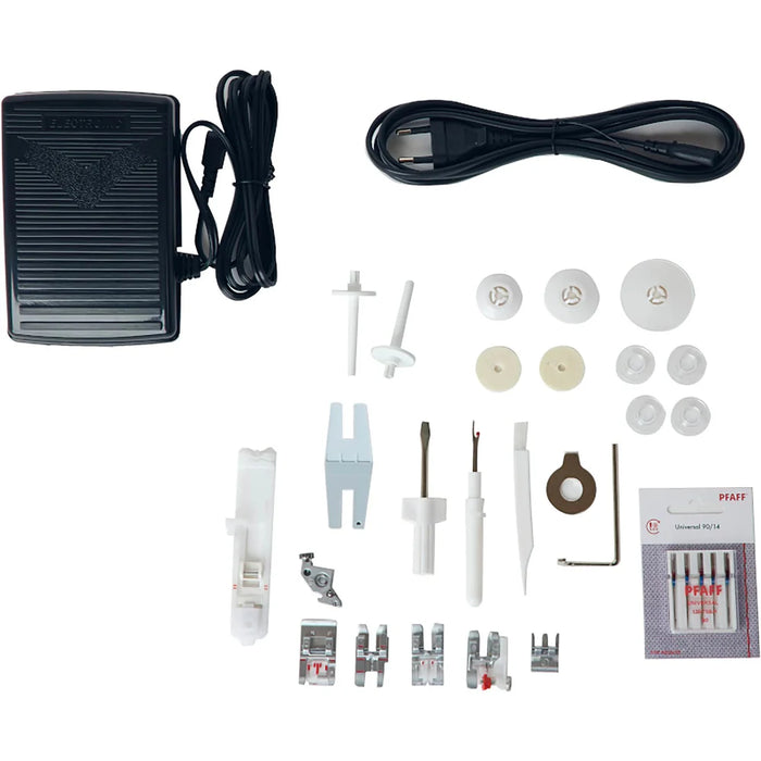 Pfaff Creative Expect 350 accessories kit including presser feet, power pedal, needles, and tools