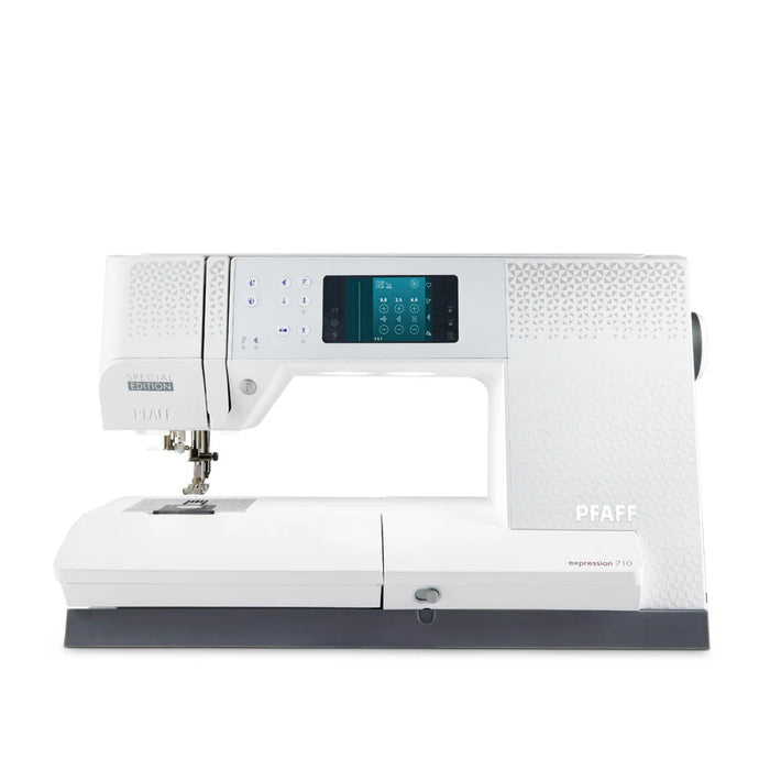 White Pfaff sewing machine with digital display on a white background