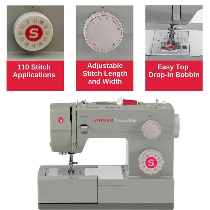 SINGER Heavy Duty 4452 sewing machine features showing stitch applications dial, adjustable stitch length, and top drop-in bobbin
