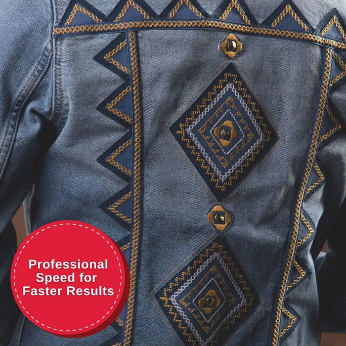 Decorative denim embroidery created with SINGER Heavy Duty 4452 sewing machine showing professional stitch quality