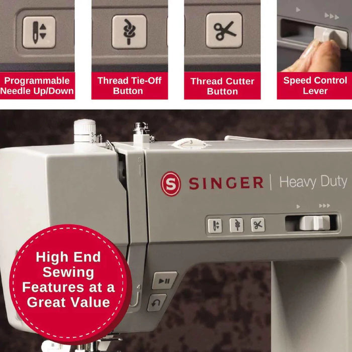 Close-up of SINGER Heavy Duty 6800C sewing machine controls including needle up down and thread cutter