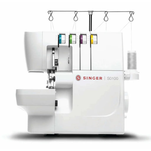 SINGER S0100 serger sewing machine front view with color-coded tension dials and built-in fabric trimming knife
