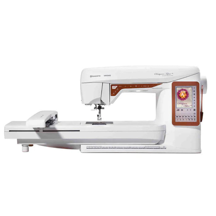 Husqvarna Viking Designer Topaz 40 sewing and embroidery machine with extended embroidery unit on white background