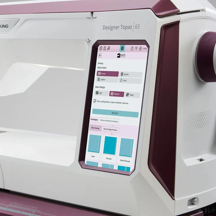 Husqvarna Viking Designer Topaz 65 touchscreen display showing JoyOS Advisor sewing and fabric settings