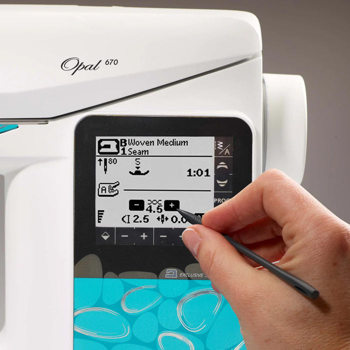 Hand adjusting stitch settings on the Husqvarna Viking Opal 670 sewing machine touch screen control panel