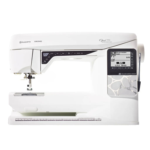 Husqvarna Viking Opal 690Q computerized sewing machine with touchscreen display and extended sewing arm on white background