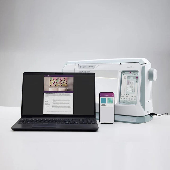 Husqvarna Viking Topaz 55Q sewing machine with CREATIVATE connectivity shown with laptop and smartphone integration
