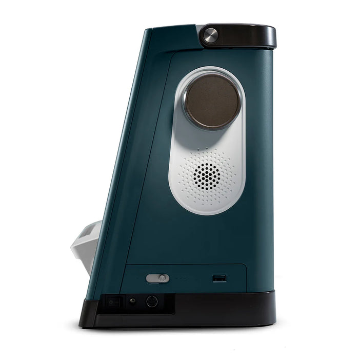 Blue and black electronic device with a speaker grille on a white background