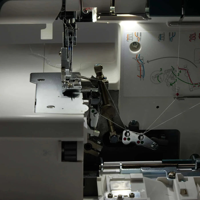 Close-up of a sewing machine with needle and thread