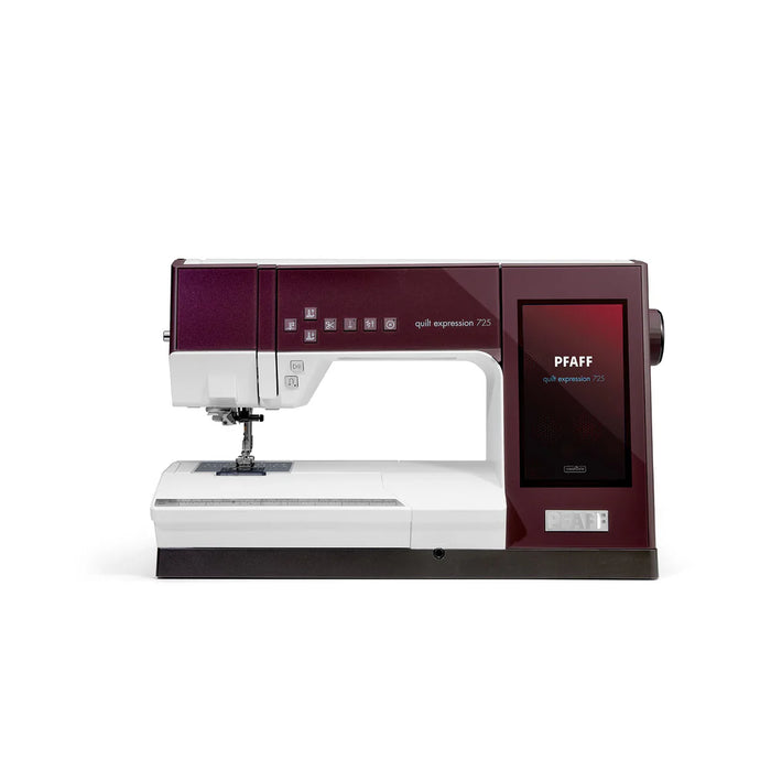 Sewing machine with maroon and white design on a white background